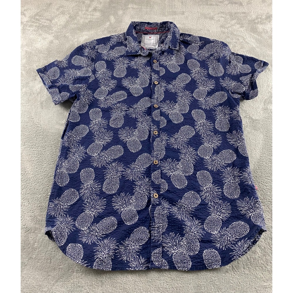 Cactus Man Ricky Singh Mens Medium Slim Fit Navy Blue Pineapple Seersucker Shirt